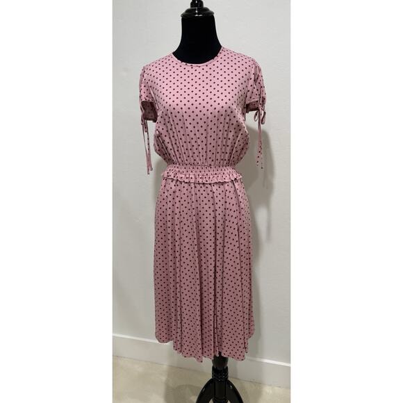 Gal Meets Glam Pink Polka Dot Corinne Smocked Waist Midi Dress Size 4 - Picture 2 of 7